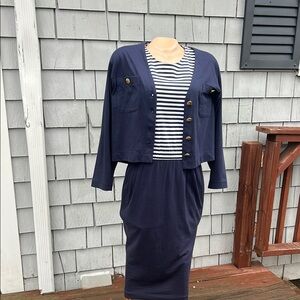 Talbots Blue Midi Pencil Dress Set Size PS- Cotton- Nautical- 2 Piece